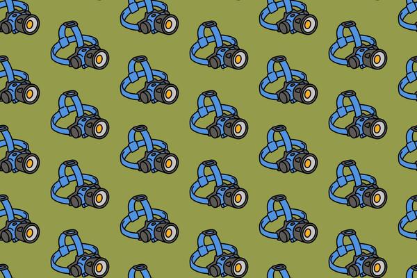head flashlight with strap colorful doodle seamless pattern on green background. retro LED headlamp background. headlight illustration pattern wallpaper. pattern background with headlamp for adventure