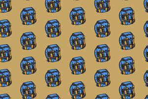 backpack with survival tools colorful doodle seamless pattern on brown background. retro backpack background. backpack illustration wallpaper. pattern background with outdoor backpack for adventure vector