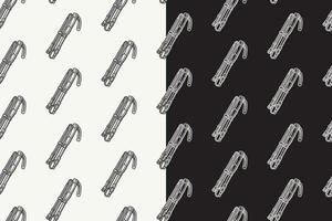 folding trekking poles doodle seamless pattern on black white background set. hatching hiking poles background. walking poles engraving wallpaper. pattern background with trekking poles for adventure vector