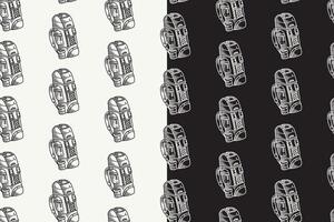 carrier backpack doodle seamless pattern on black white background set. hatching carrier bag background. outdoor carrier engraving pattern wallpaper. pattern background with carrier bag for adventure vector