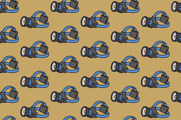 LED headlight with strap colorful doodle seamless pattern on brown background. retro headlamp background. flashlight illustration pattern wallpaper. pattern background with LED headlamp for adventure