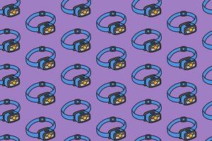 headlamp with strap colorful doodle seamless pattern on purple background. retro LED flashlight background. headlight illustration pattern wallpaper. pattern background with LED headlamp for adventure vector