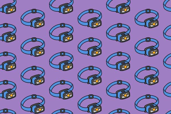 headlamp with strap colorful doodle seamless pattern on purple background. retro LED flashlight background. headlight illustration pattern wallpaper. pattern background with LED headlamp for adventure