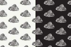 LED headlight with strap doodle seamless pattern on black white background set. retro LED head lantern background. flashlight with strap engraving wallpaper. headlamp pattern background for adventure vector