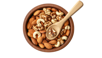 Assorted nuts presented in a wooden bowl with a spoon png