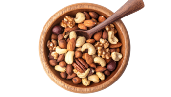 Mixed nuts displayed in a wooden bowl with a spoon png