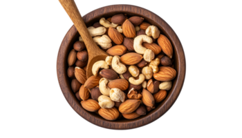 A collection of nuts in a wooden bowl with a spoon png