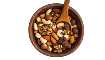 Rustic wooden bowl with mixed nuts and a spoon png