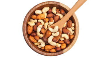 Nut assortment in a wooden bowl with a serving spoon png