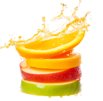 Fresh stack of fruit slices with dynamic juice effect png