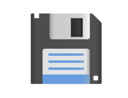 Black 3.5 inch floppy disk save icon with silver shutter positioned up and white label png
