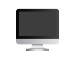 Black and silver desktop personal computer icon in front view, gray device, opened to show a dark screen png