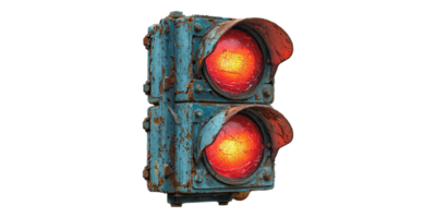 Vintage rusty railway signal light with red lens isolated on transparent background png