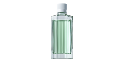 Clear glass perfume bottle with green liquid isolated on transparent background png