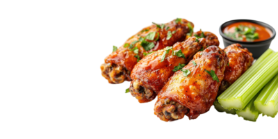 Spicy chicken wings with celery and dip isolated on transparent background png