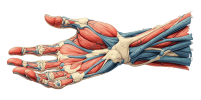 Anatomical illustration of human hand muscles and bones isolated on transparent background png