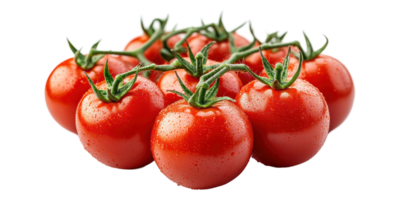 Cluster of fresh red tomatoes with green stems isolated on transparent background png