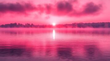 A pink sunrise over a lake with mist photo