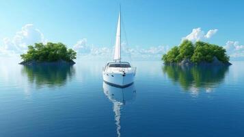 A sailboat is floating in the ocean near some islands photo
