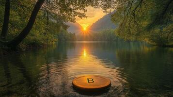 A bitcoin floating in a lake at sunset photo