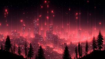 A city with red lights and trees photo