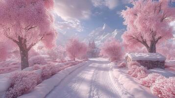 A snowy road with pink trees and a castle in the background photo