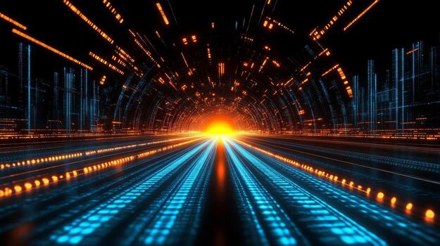 A futuristic tunnel with glowing lights photo