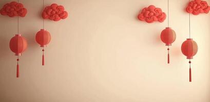 Red paper lanterns hanging from the ceiling photo