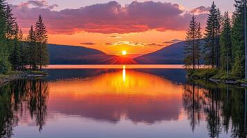 A beautiful sunset over a lake with trees and water photo