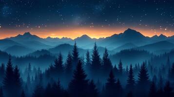 A night sky with mountains and trees photo