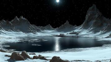 A lake in the middle of a snowy mountain photo
