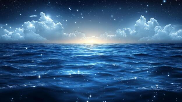 A beautiful ocean scene with stars and clouds photo