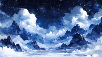 Anime mountains with snow and stars photo