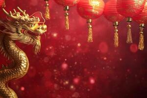 Golden dragon with red lanterns on red background photo