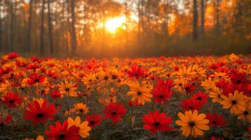 Sunset over a field of red and orange flowers photo