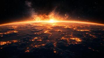 The earth is seen from space with bright orange light photo