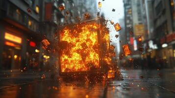 A burning box on the street in a city photo
