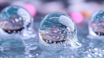 Water drops on a surface with bubbles and bubbles photo