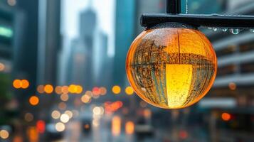 A street light with a reflection of a city in the background photo
