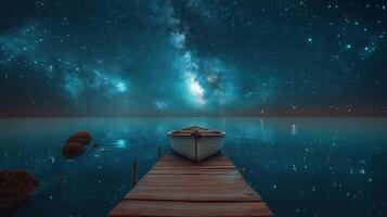 A boat on a dock at night with stars photo