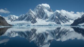 A mountain range is reflected in the water photo