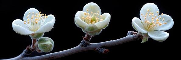 Three Delicate White Blossoms on a Branch Against a Dark Background photo