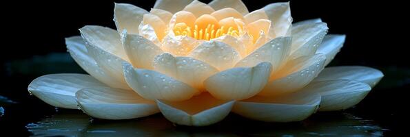A white lotus flower is shown in the dark photo