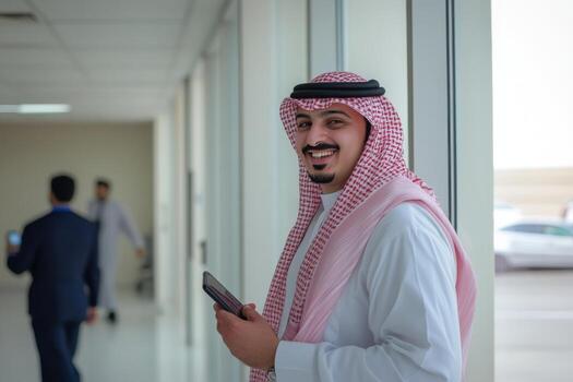 Smiling Saudi Arabian Man Using Smartphone in Modern Office Building photo