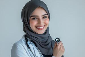 Smiling Muslim Female Doctor Holding Stethoscope photo