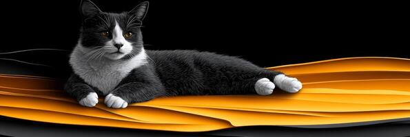 Elegant Black and White Cat Resting on a Golden Surface photo
