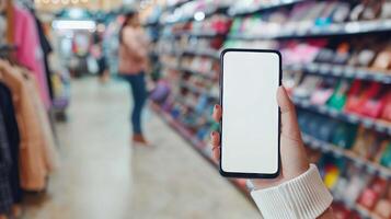 Shopping experience with smartphone in hand at busy retail store photo