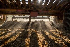 Dust and sunlight underneath a cultivator in action photo