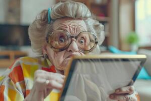 Elderly woman with oversized glasses engaged with tablet in living room setting photo