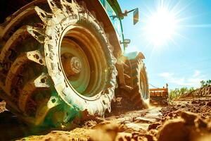 Modern tractor tire in action on a sunny farmland day photo